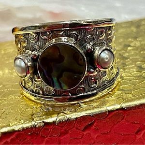 Ring 2 tones with pearls and abalone 925 sterling silver